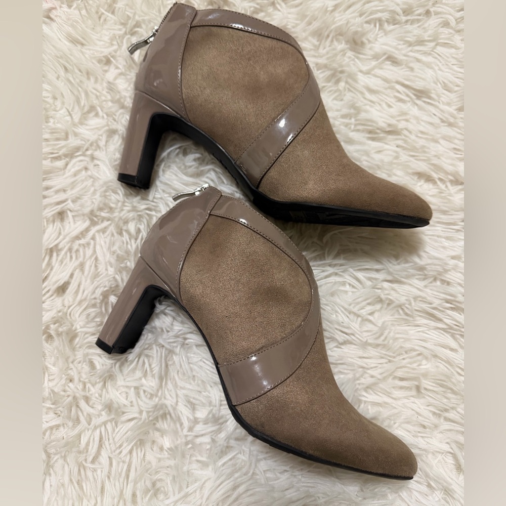 Life Stride Taupe Suede & Patent Mid Heel Booties